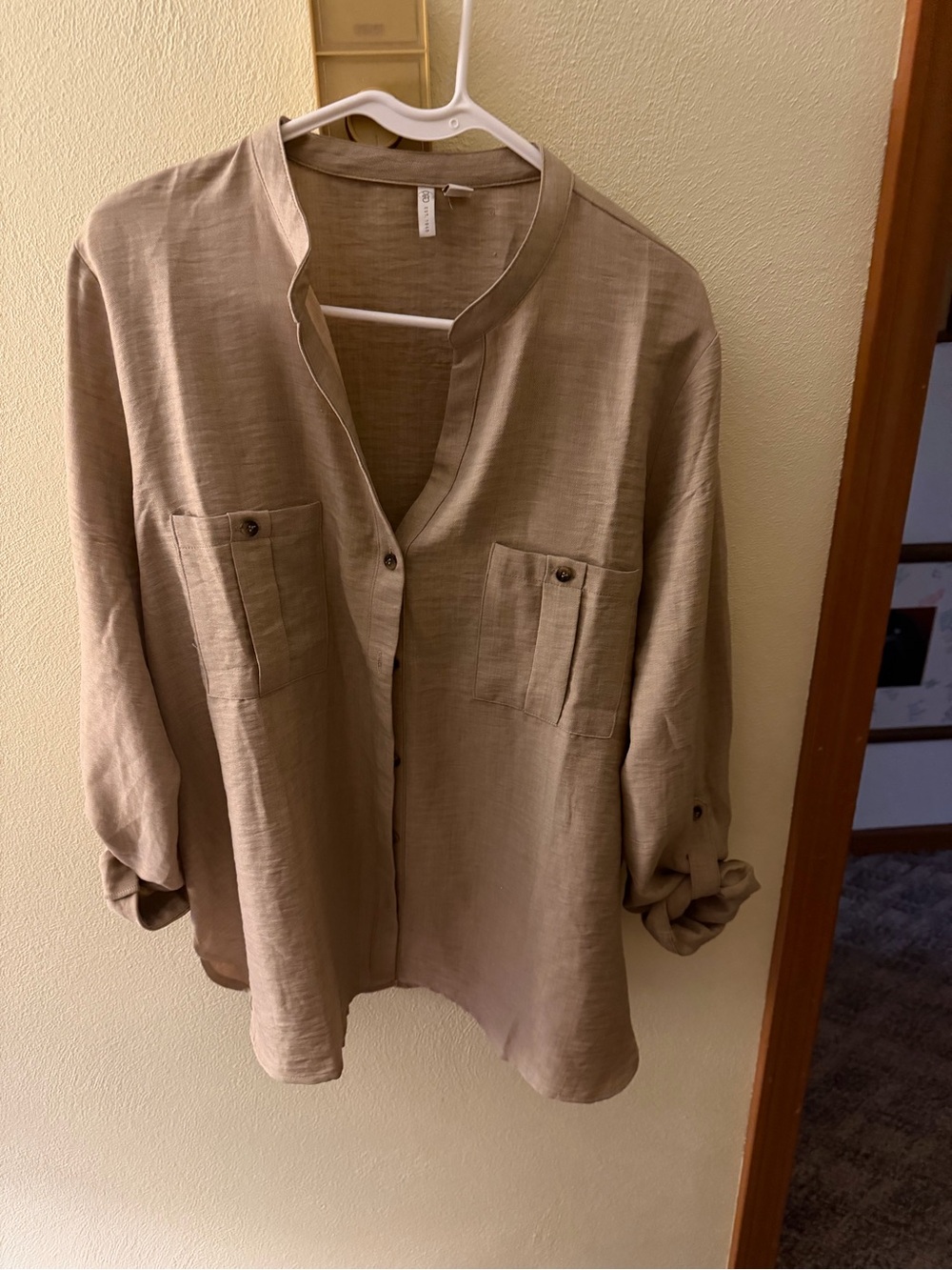 Cato Taupe Button-Down Band Collar Shirt